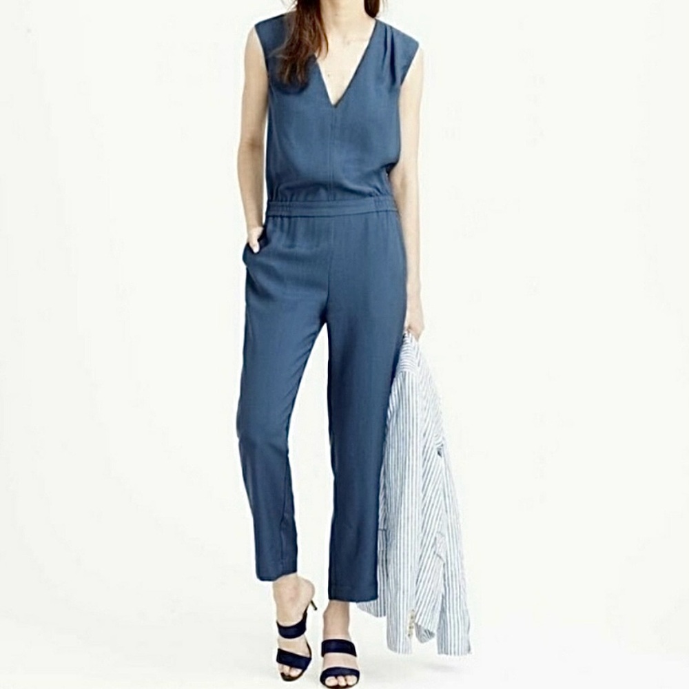 J. Crew Drapey Oxford Crepe V Neck Jumpsuit Pockets Blue Women’s Size 2